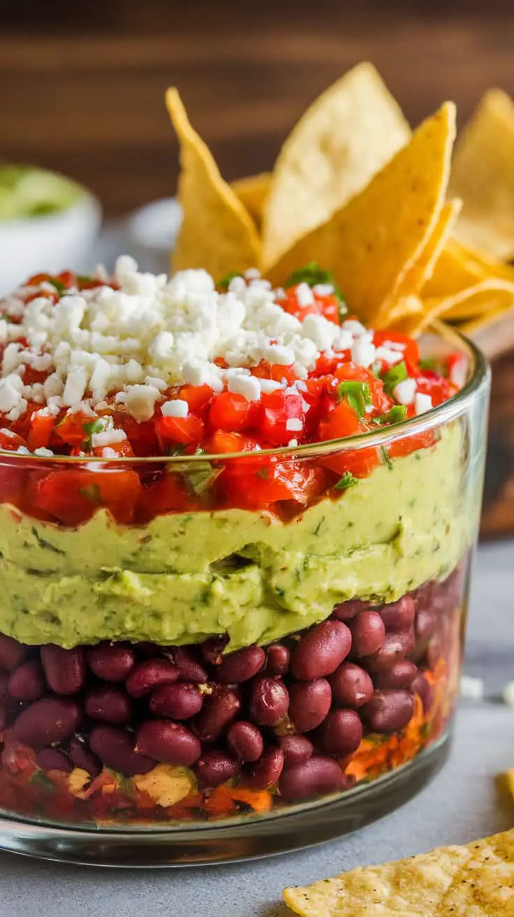 A colorful layered Mexican dip with beans, guacamole, salsa, and cheese, served with tortilla chips.