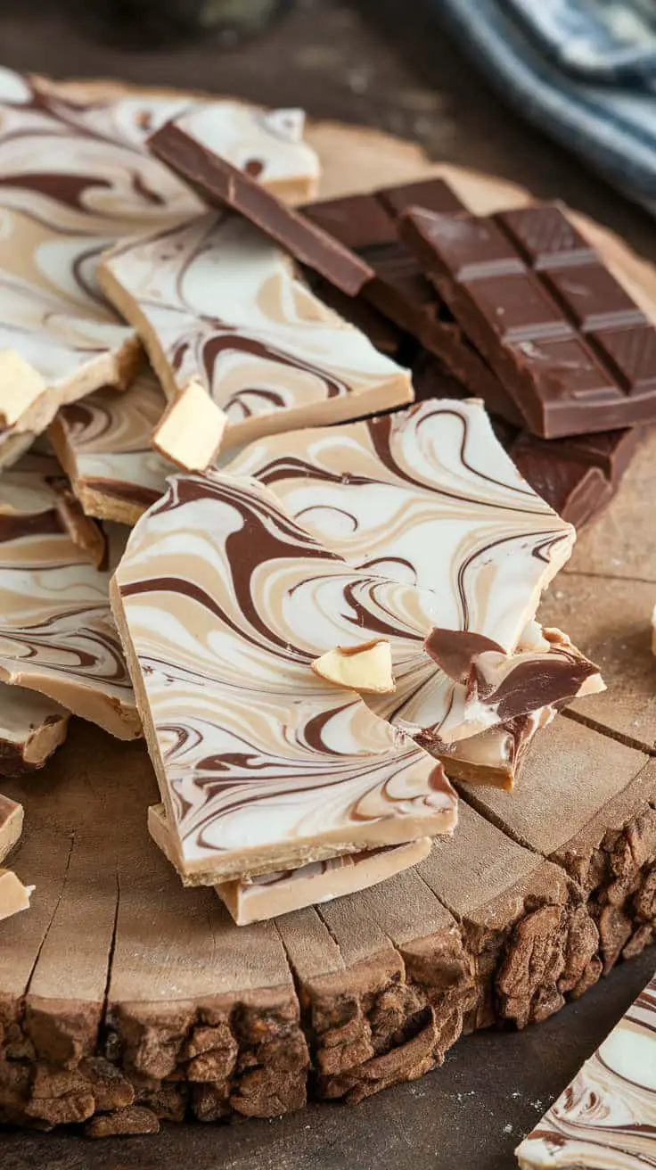 Layered nougat and chocolate bark displayed on a wooden board