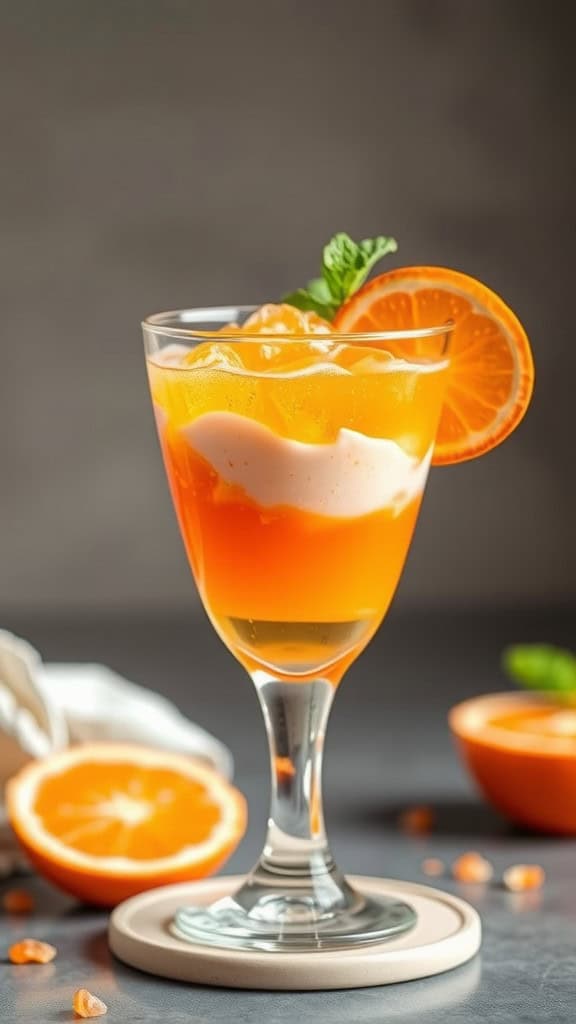 Layered Orange Sherbet Jello Treat in a glass with orange slices and mint garnish