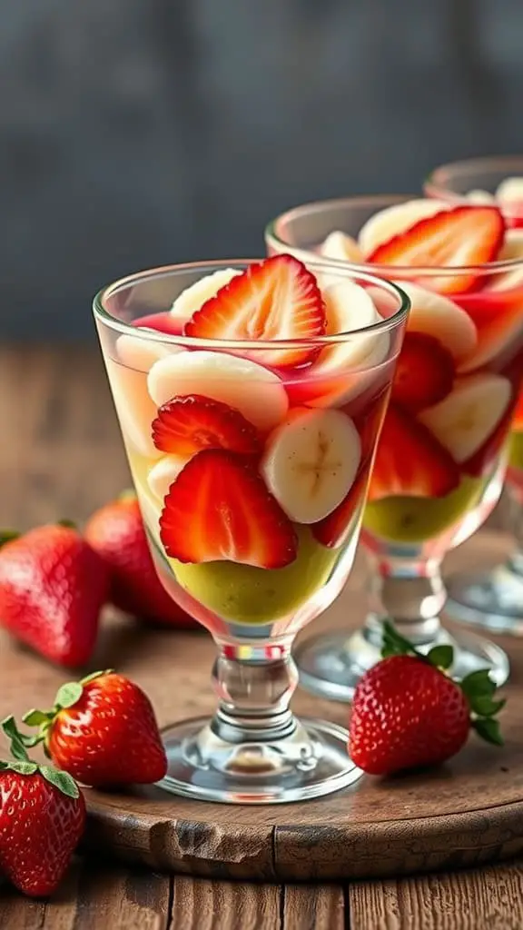 Three layered strawberry banana Jello cups with fresh fruit and colorful layers.