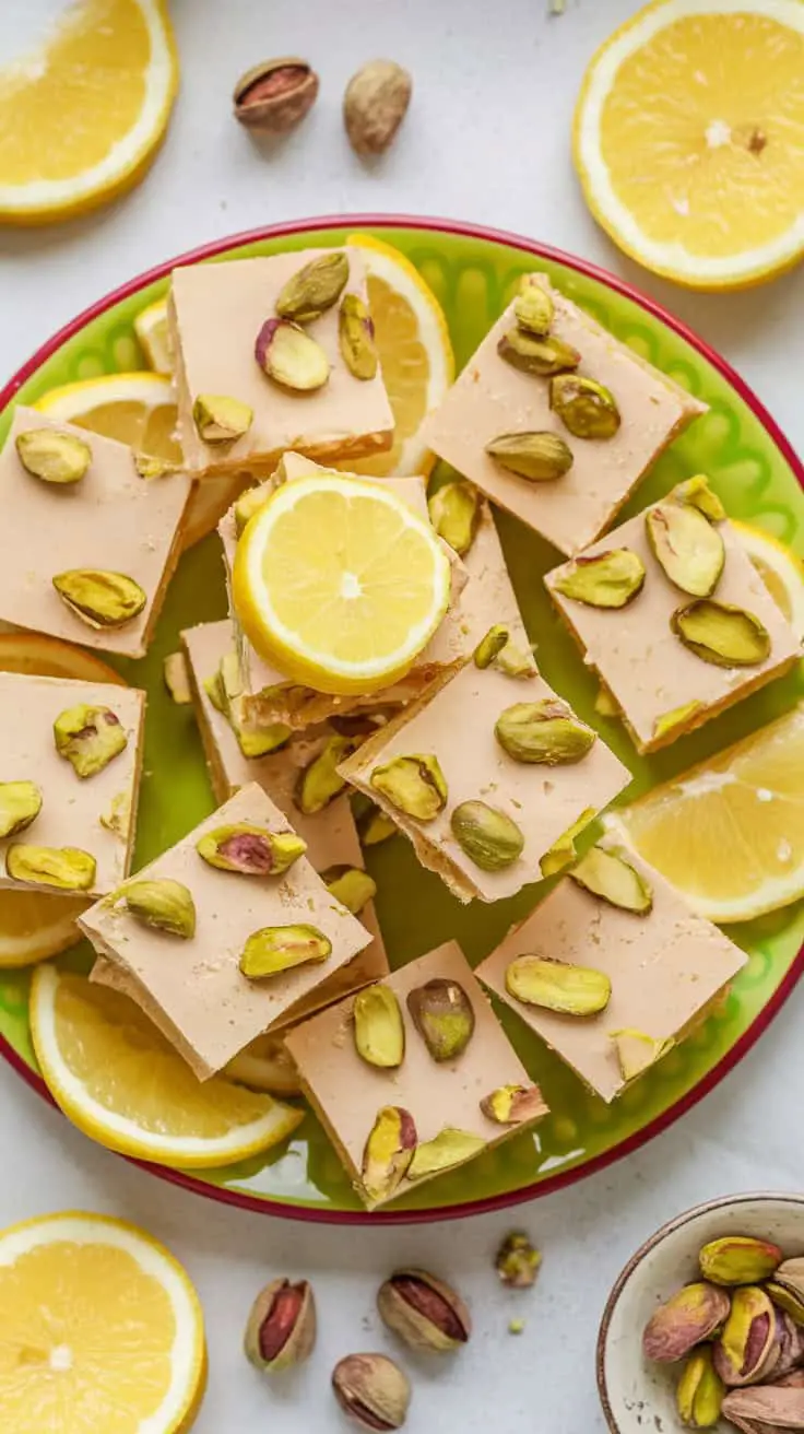 A colorful plate filled with lemon and pistachio nougat squares, garnished with lemon slices and scattered pistachios.