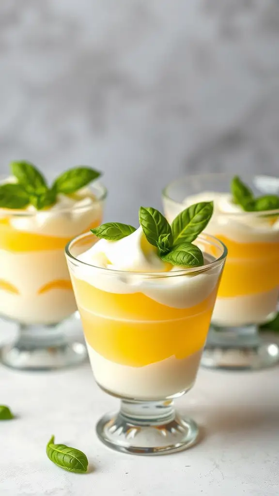 Three Lemon Basil Jello Pudding Parfaits in glass cups, topped with fresh basil leaves.