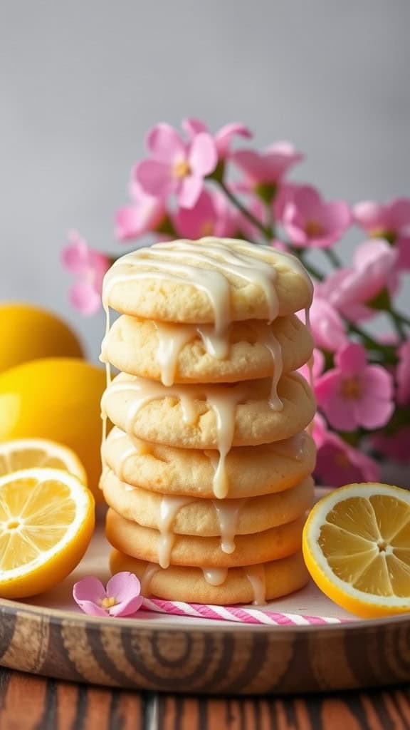 Stack of lemon drizzle sugar cookies with lemon slices and pink flowers