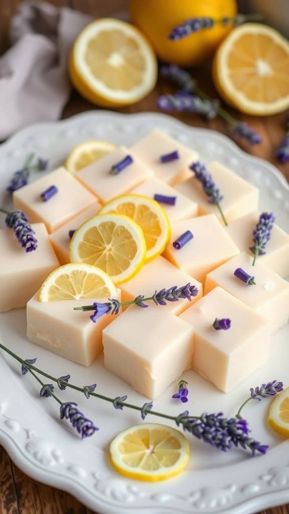 A platter of Lemon Lavender Jello Cream Squares garnished with lemon slices and lavender sprigs.