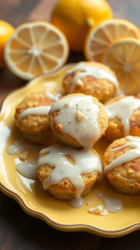 Plate of lemon poppy seed pancake bites drizzled with sweet glaze, surrounded by fresh lemons.