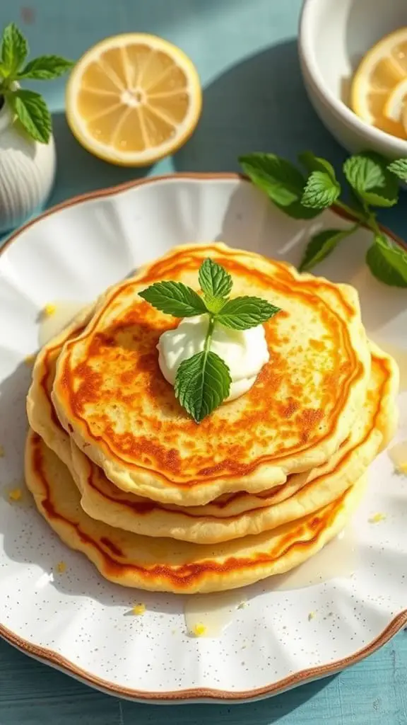 A stack of lemon ricotta cottage cheese oven pancakes topped with ricotta and mint leaves, served with lemon slices.