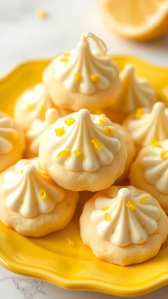 A plate of Lemon Vanilla Kiss Cookies decorated with lemon zest on a bright yellow plate.