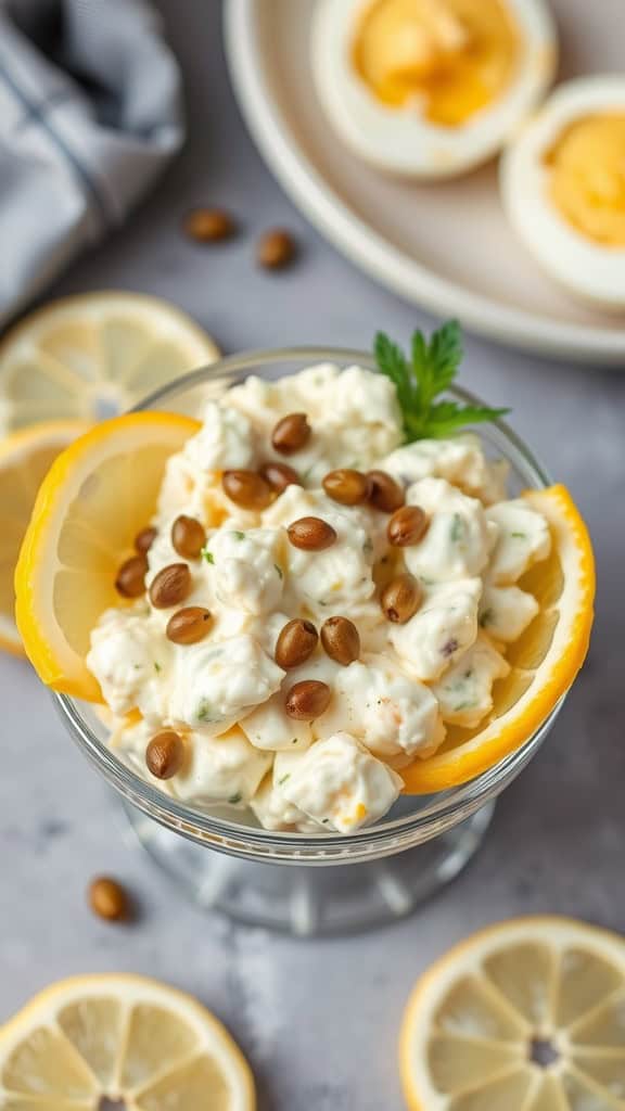 A bowl of lemon zest cottage cheese egg salad topped with capers and garnished with lemon slices.