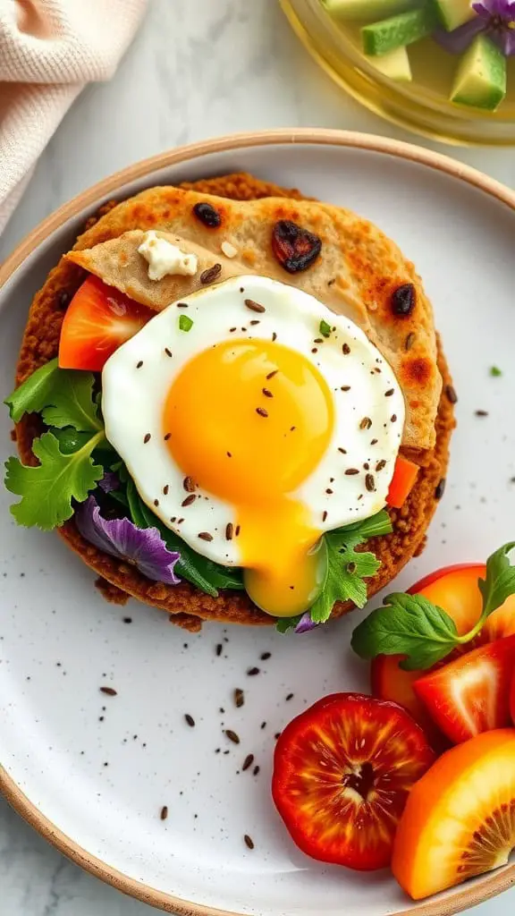 A colorful lentil flatbread breakfast sandwich topped with a runny egg and fresh vegetables.