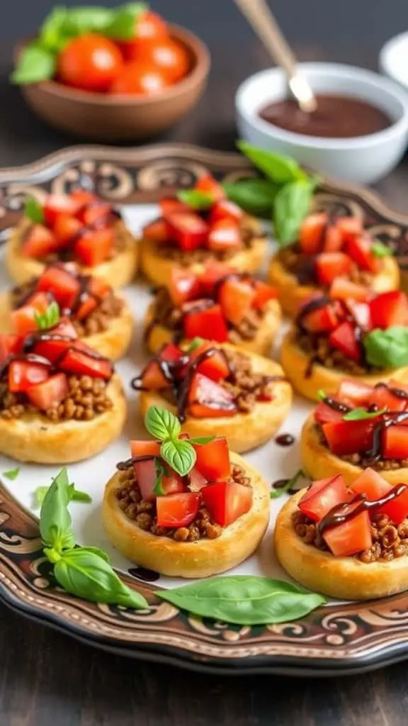 A plate of lentil flatbread bruschetta bites topped with tomatoes and basil