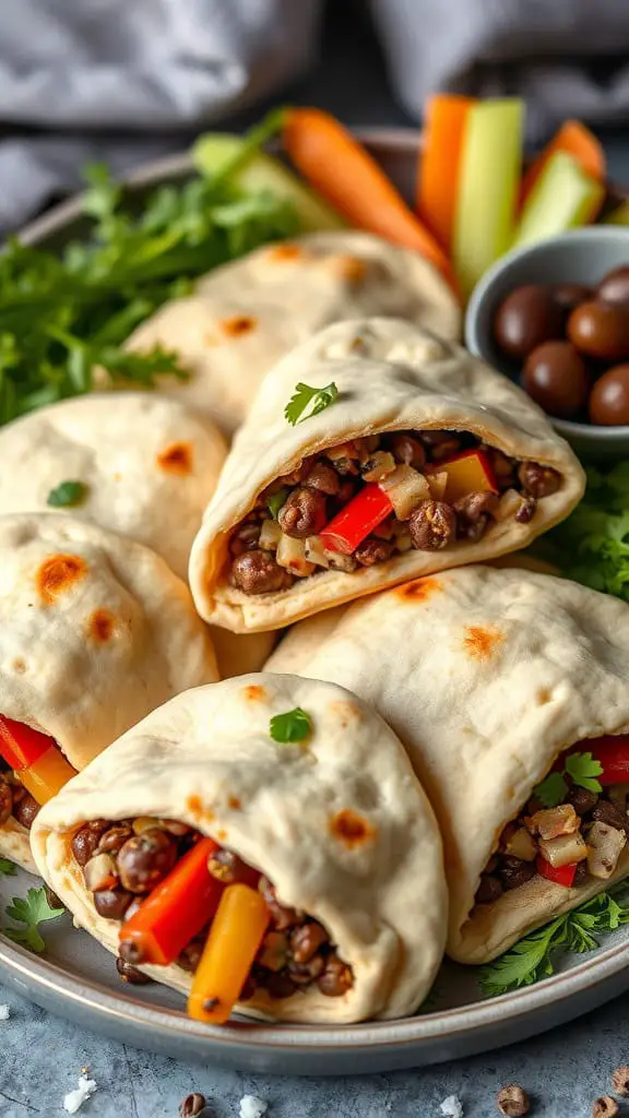 Lentil flatbread pockets filled with vegetables, served with fresh veggies and olives.