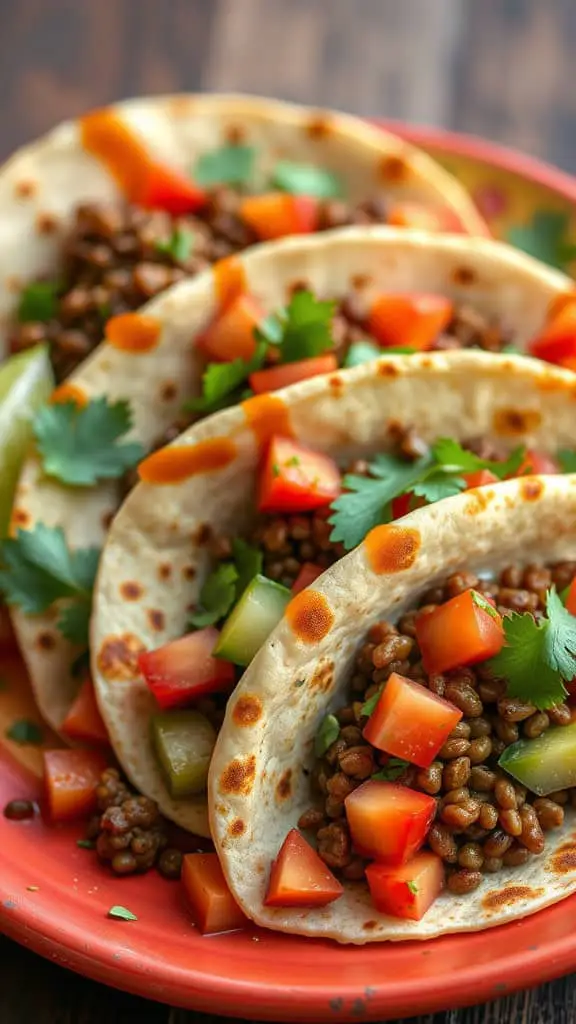 Lentil flatbread tacos filled with lentils, tomatoes, and peppers on a colorful plate.