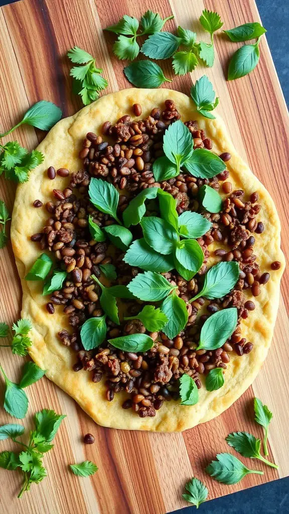 Vegan lentil flatbread topped with lentils and fresh herbs on a wooden board