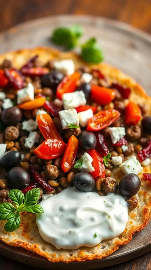 A lentil flatbread topped with lentils, olives, cherry tomatoes, and yogurt on a wooden plate.