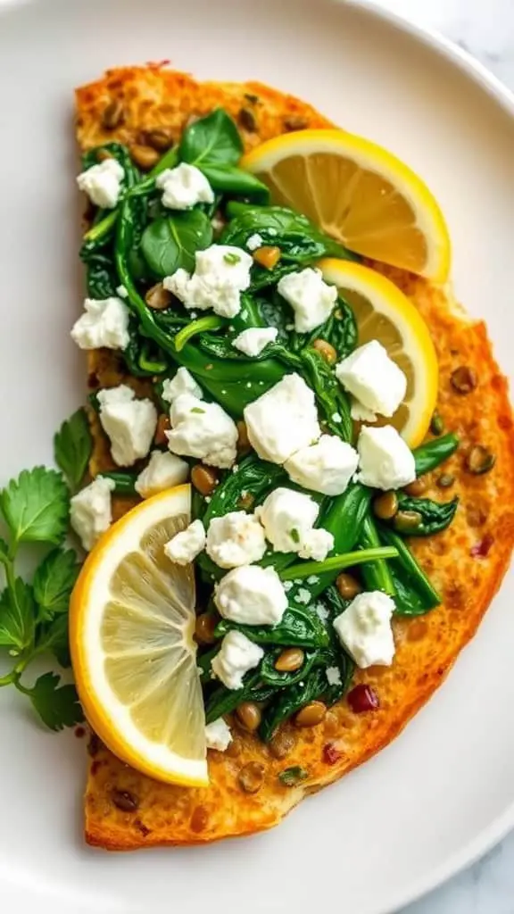 A slice of lentil flatbread topped with spinach, feta cheese, and lemon slices on a white plate.