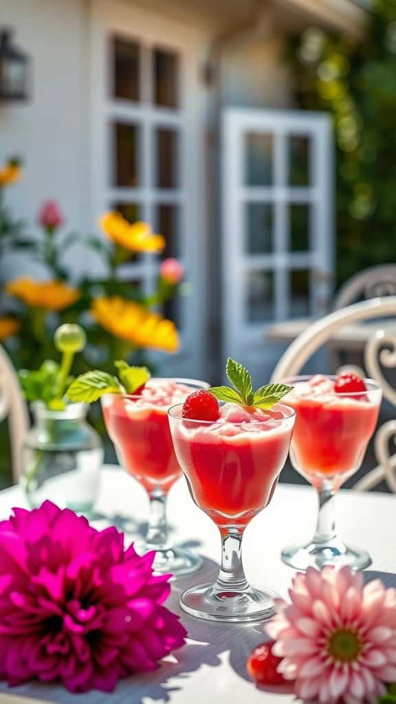 Three cups of berry sorbet decorated with mint leaves and cherries, surrounded by colorful flowers.