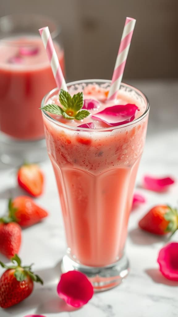 A refreshing strawberry rose smoothie served in a tall glass with pink straws, garnished with mint leaves and rose petals, surrounded by fresh strawberries.