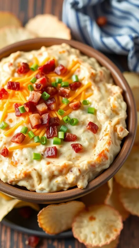 A creamy Loaded Baked Potato Dip topped with bacon, cheese, and green onions, served with crispy chips.