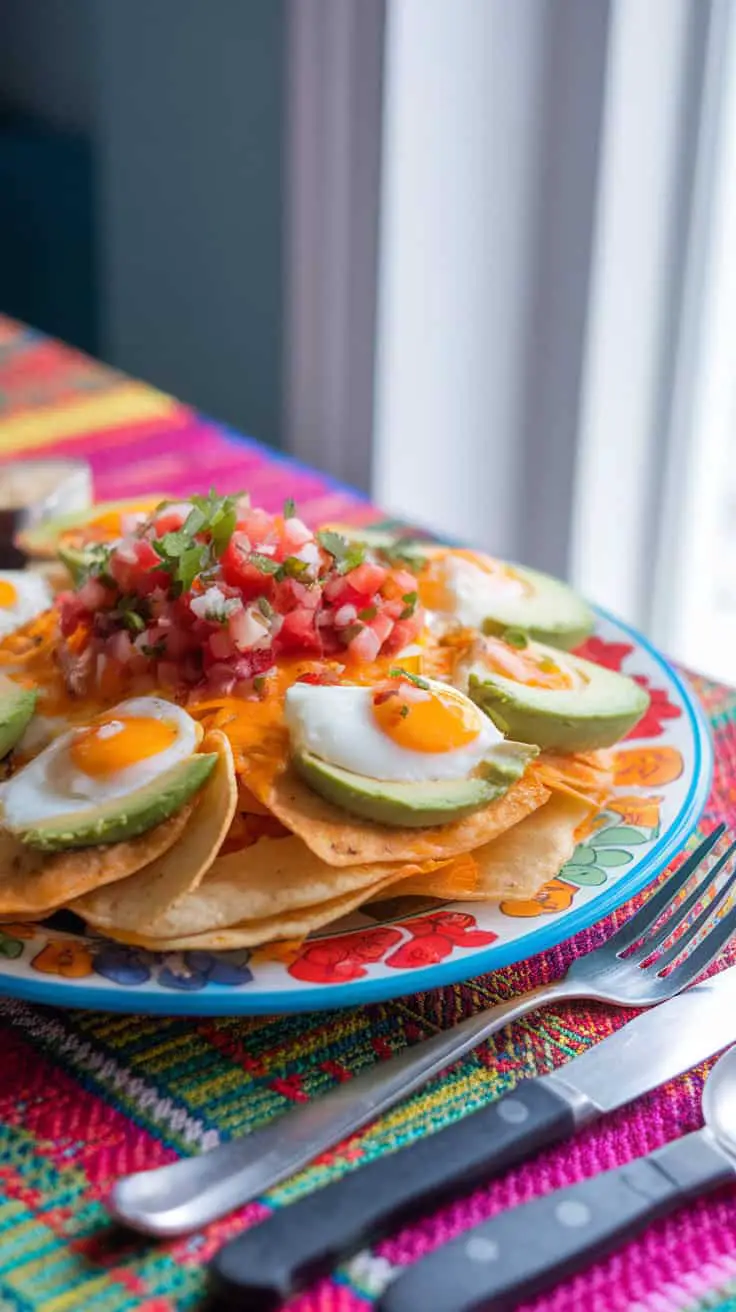 A plate of loaded breakfast egg nachos topped with eggs, cheese, and fresh salsa.