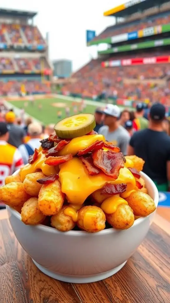 A bowl of loaded cheeseburger tater tots topped with cheese, bacon, and pickles, against the backdrop of a lively stadium.