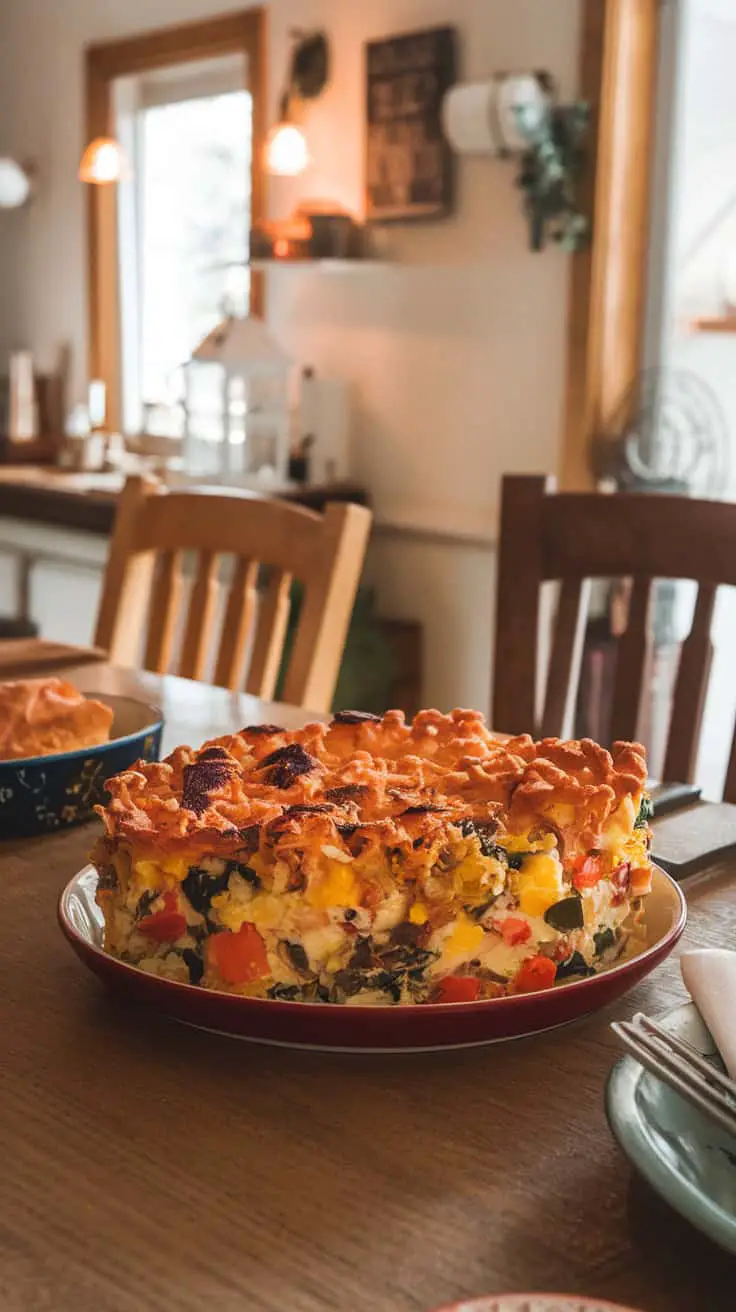 A colorful loaded egg and veggie casserole on a table, ready to serve for breakfast.