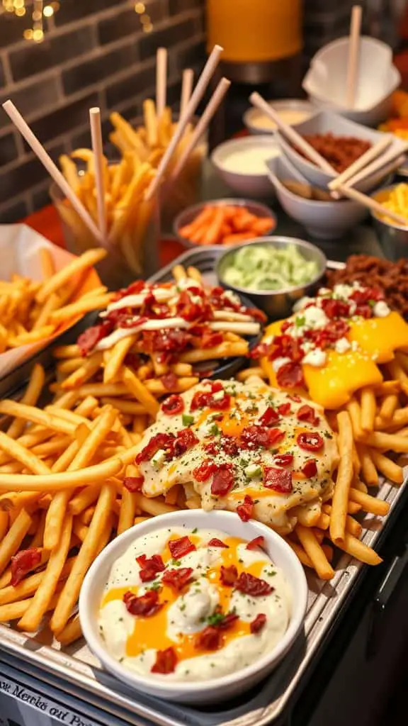 A loaded fry bar with crispy fries topped with cheese, bacon, and a variety of dips.