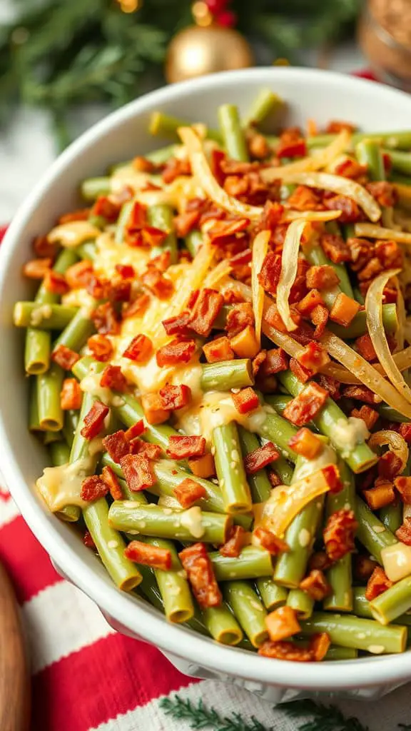 A loaded green bean casserole topped with diced bacon and onions, served in a white bowl.