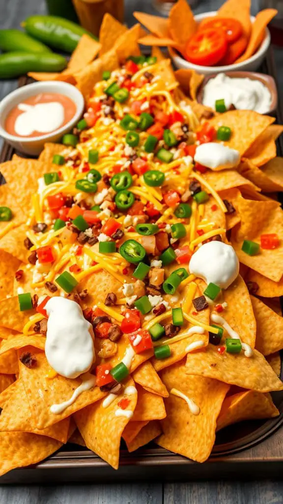 A loaded nacho platter with cheese, toppings, and dips.