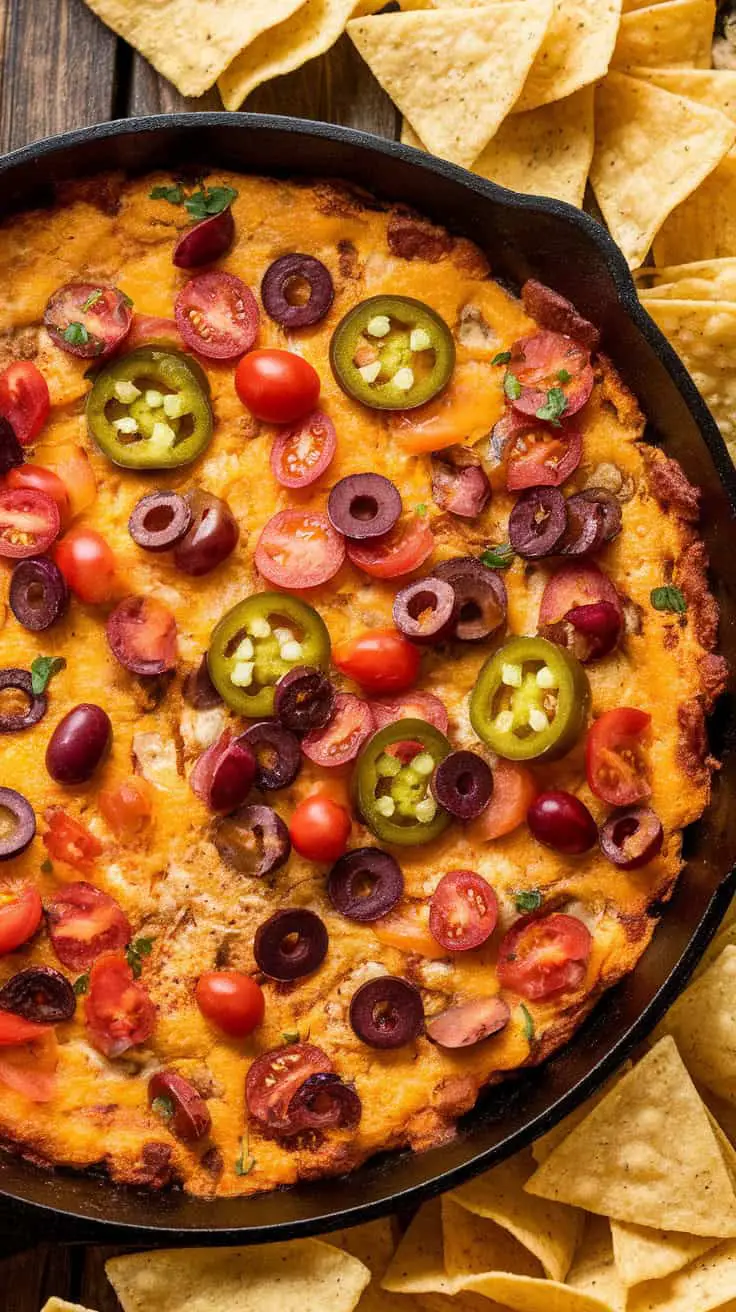 A delicious loaded nacho cheese dip topped with olives, jalapeños, and tomatoes, accompanied by tortilla chips.