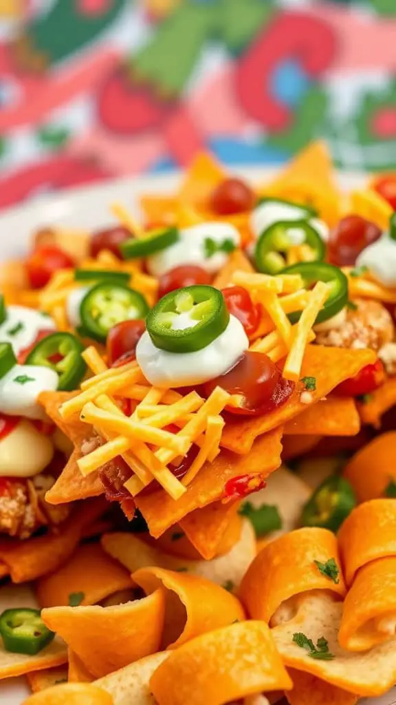 A plate of loaded nacho skewers with colorful toppings, ideal for parties.