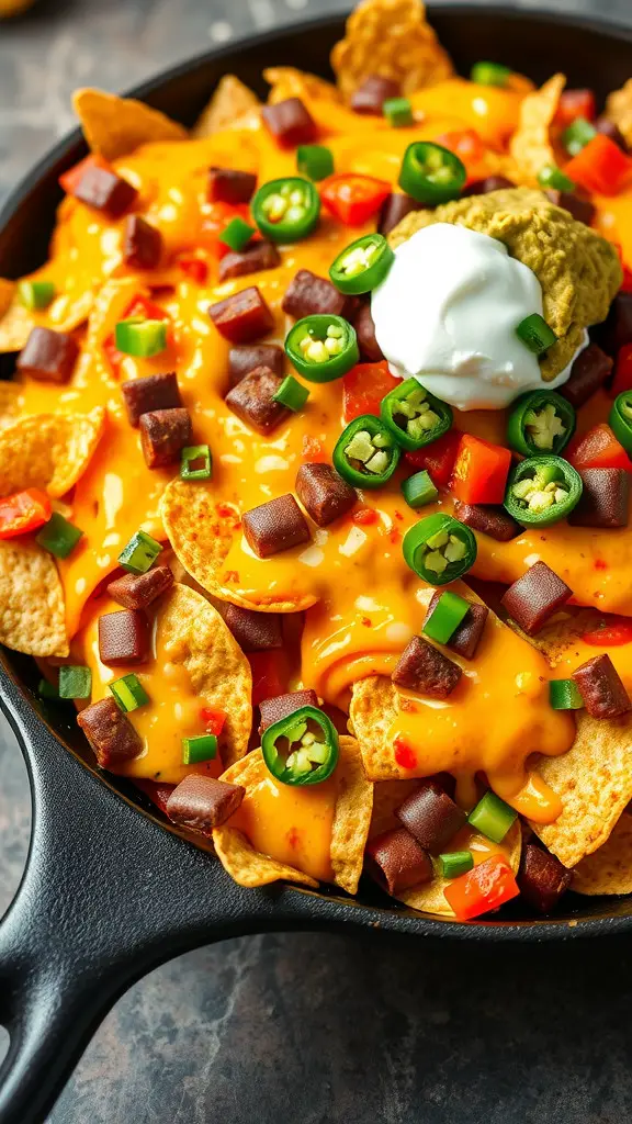 A Loaded Nacho Skillet with cheese, chips, diced vegetables, and sour cream