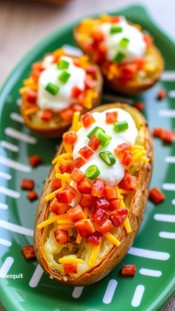 A plate of loaded potato skins topped with cheese, diced tomatoes, green onions, and sour cream.