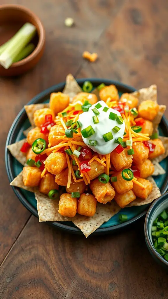 A plate of loaded tater tot nachos with cheese, sour cream, salsa, and green onions.