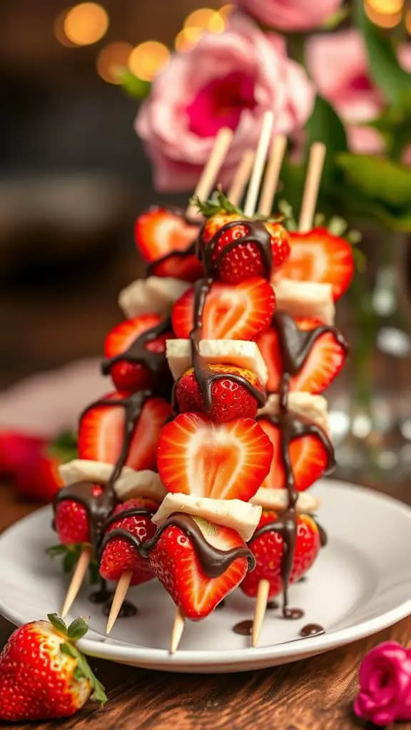 Plate of fruit skewers featuring strawberries and bananas, drizzled with chocolate, with flowers in the background.