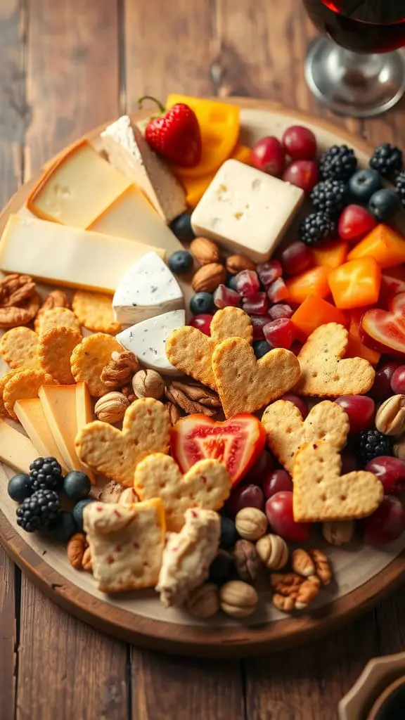 A beautifully arranged love-themed cheese board with heart-shaped snacks, assorted cheeses, fruits, and nuts.