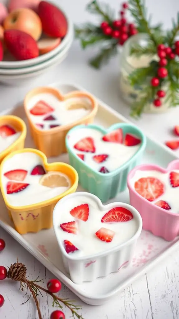 Colorful heart-shaped yogurt pops with strawberries and lemon slices on a white platter.