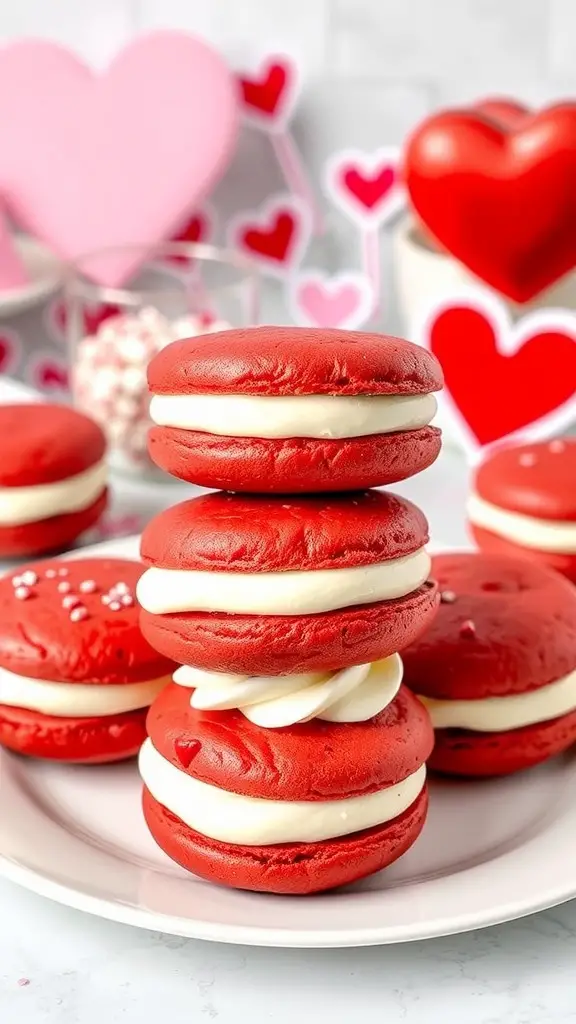 A stack of red velvet whoopie pies filled with cream, decorated with heart shapes and love-themed items in the background.