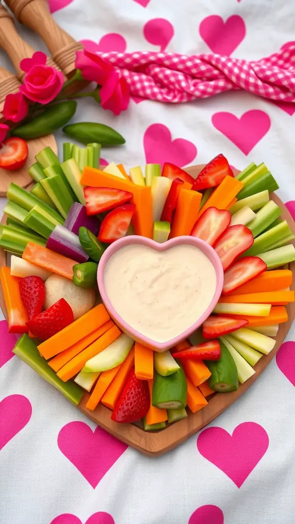 A heart-shaped veggie platter with colorful vegetables and a heart-shaped dip bowl, set against a pink heart-patterned background.