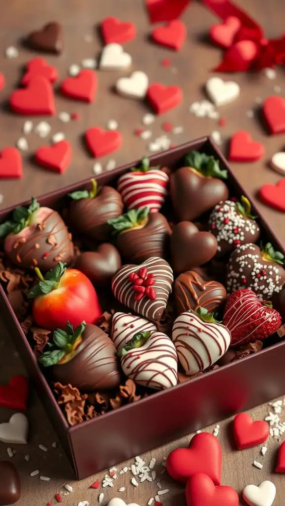 A beautifully arranged chocolate berry box with various chocolate-covered strawberries and heart-shaped decorations.