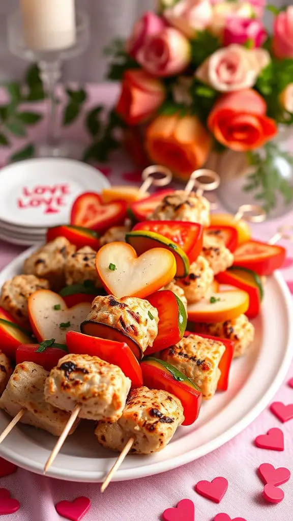 A plate of heart-shaped chicken kabobs with colorful vegetables, surrounded by romantic decorations.