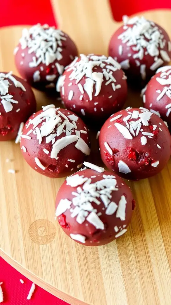 A close-up of red velvet protein bites topped with shredded coconut on a wooden platter.