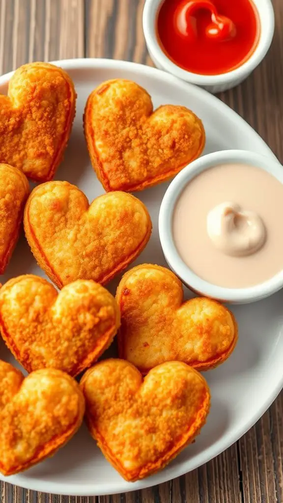 Heart-shaped chicken nuggets on a plate with dipping sauces