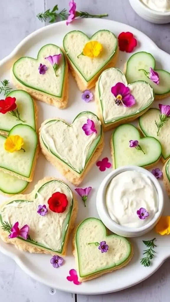 A plate of heart-shaped cucumber sandwiches decorated with edible flowers and served with a creamy dip.