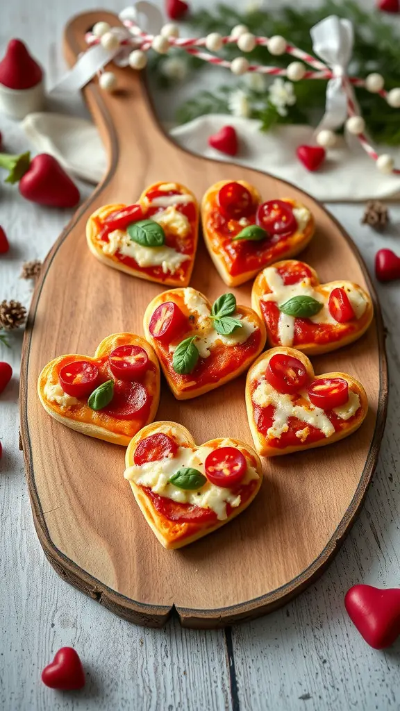 A wooden board displaying mini heart-shaped pizzettes topped with cheese, tomatoes, and fresh basil, surrounded by small red hearts.