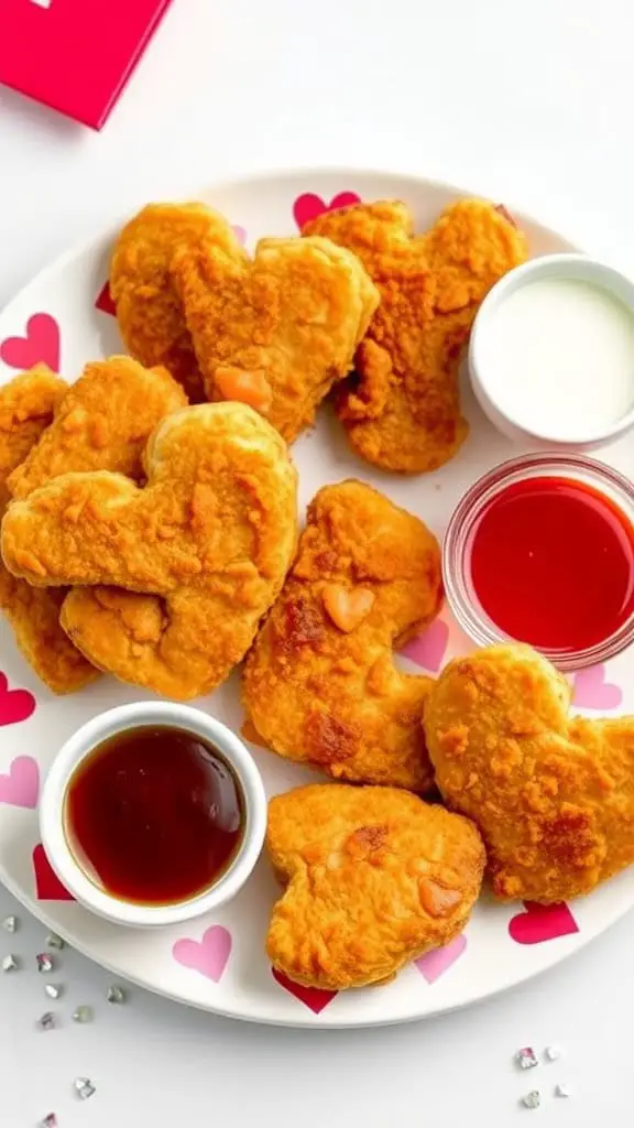 Heart-shaped chicken tenders on a plate with dipping sauces