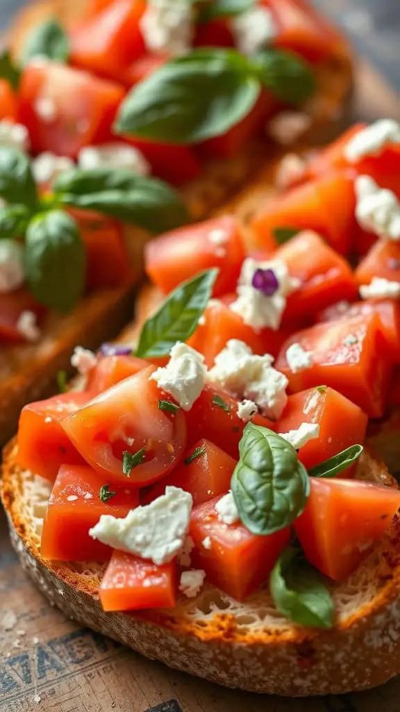 A plate of bruschetta topped with diced tomatoes, basil leaves, and cheese on toasted bread.