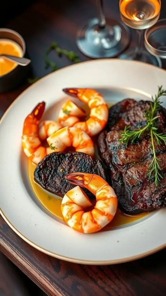 A plate featuring steak and garlic butter shrimp, accompanied by elegant tableware and a glass of wine