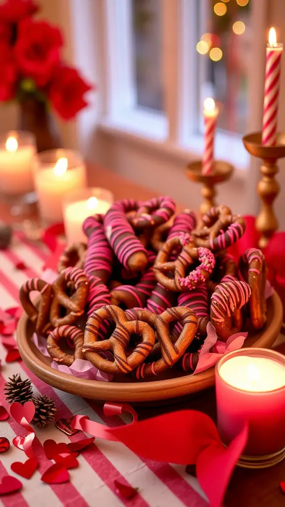 A plate of chocolate-dipped pretzels decorated with pink drizzle, surrounded by romantic decorations like candles and flowers.