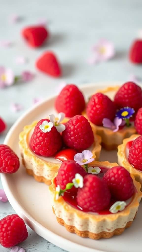 A plate of raspberry cheesecake tarts decorated with fresh raspberries and edible flowers.