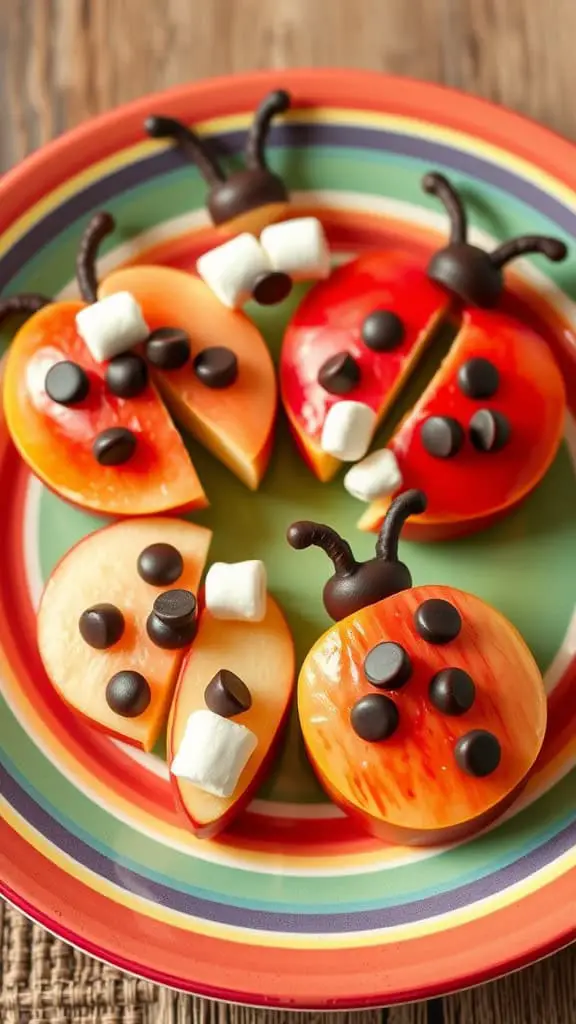 Plate of apple slices decorated as ladybugs with chocolate chips and marshmallows.